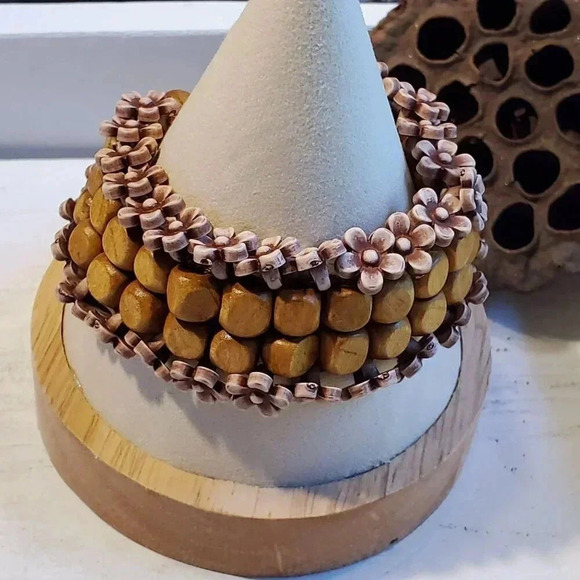 90s Y2K Vintage Brown Wood Mauve Purple Acrylic Flower Beads Adjustable Bracelet - Picture 3 of 10